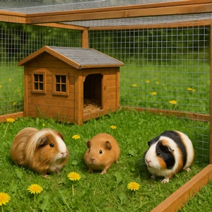 3 Meerschweinchen in einem Gehege mit einer Schutzhütte